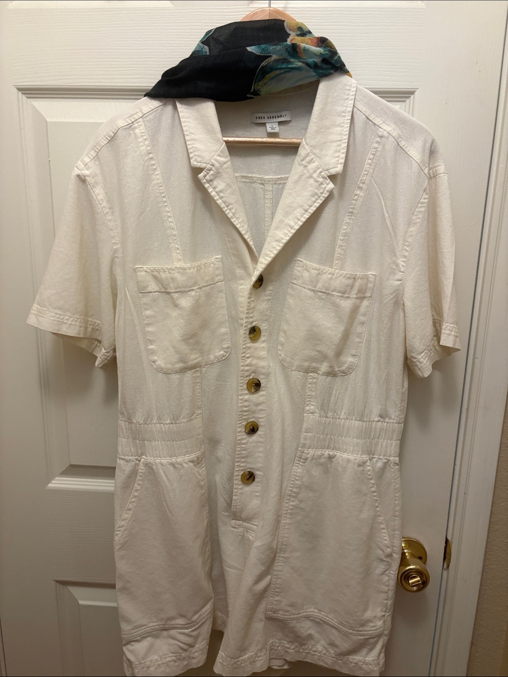 Short-Sleeve Cream Utility Romper by Free Assembly Linen blend
